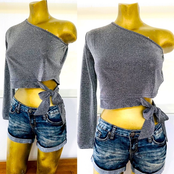 NWT Perfect Holiday TOP! Silver Shimmer UNI SLEEVE With TIES at SIDE Large - Picture 2 of 12